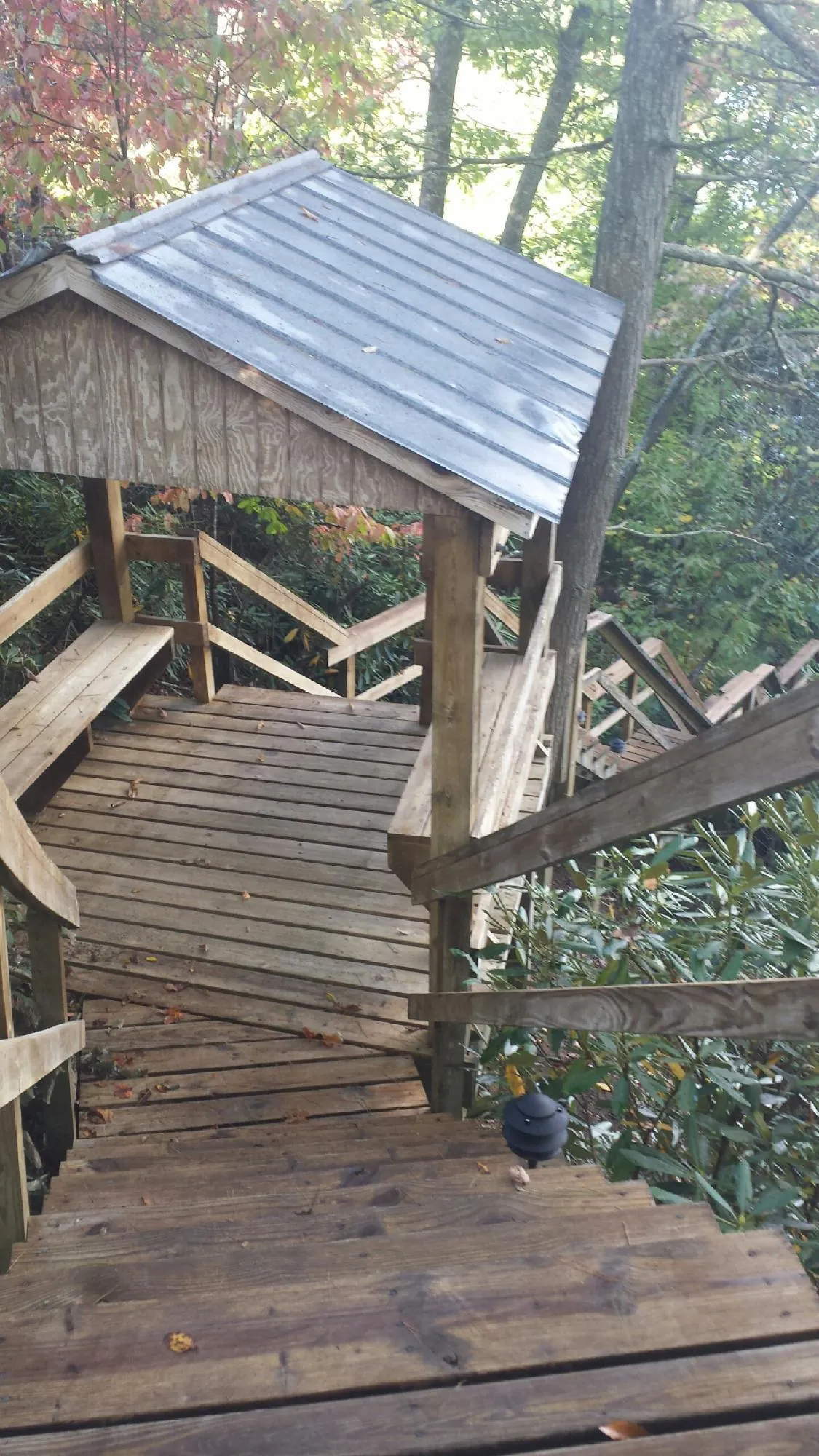 Metal roofed shelter over wooden steps on a wooded walkway — Skylight Repair & Installation work by our crew in Grays River